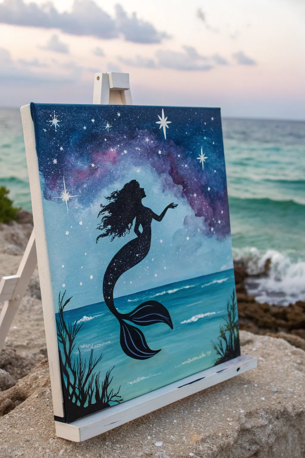 Paint a galaxy ocean mermaid silhouette with starry skies, nebula waves, and subtle tail sparkles.