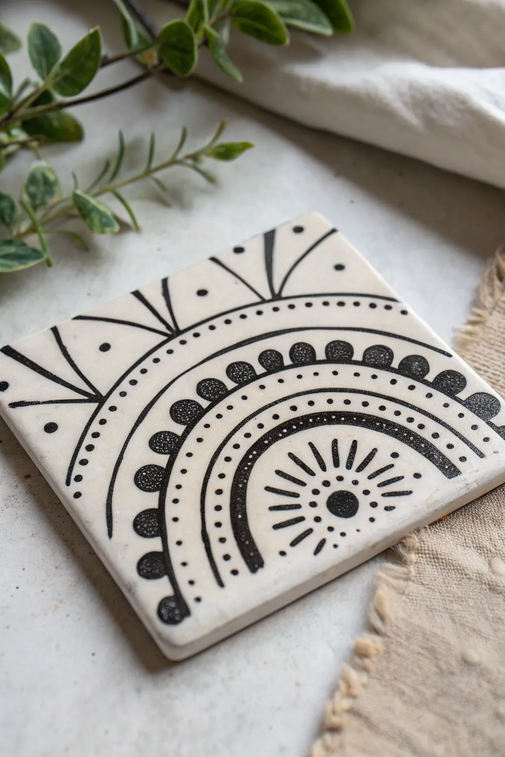 Bold acrylic paint pen linework on a ceramic tile coaster with clean Scandinavian-boho contrast