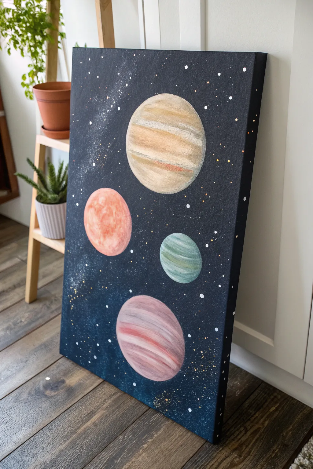 Whimsical pastel planets glow on a deep-space acrylic canvas, minimal and dreamy at night