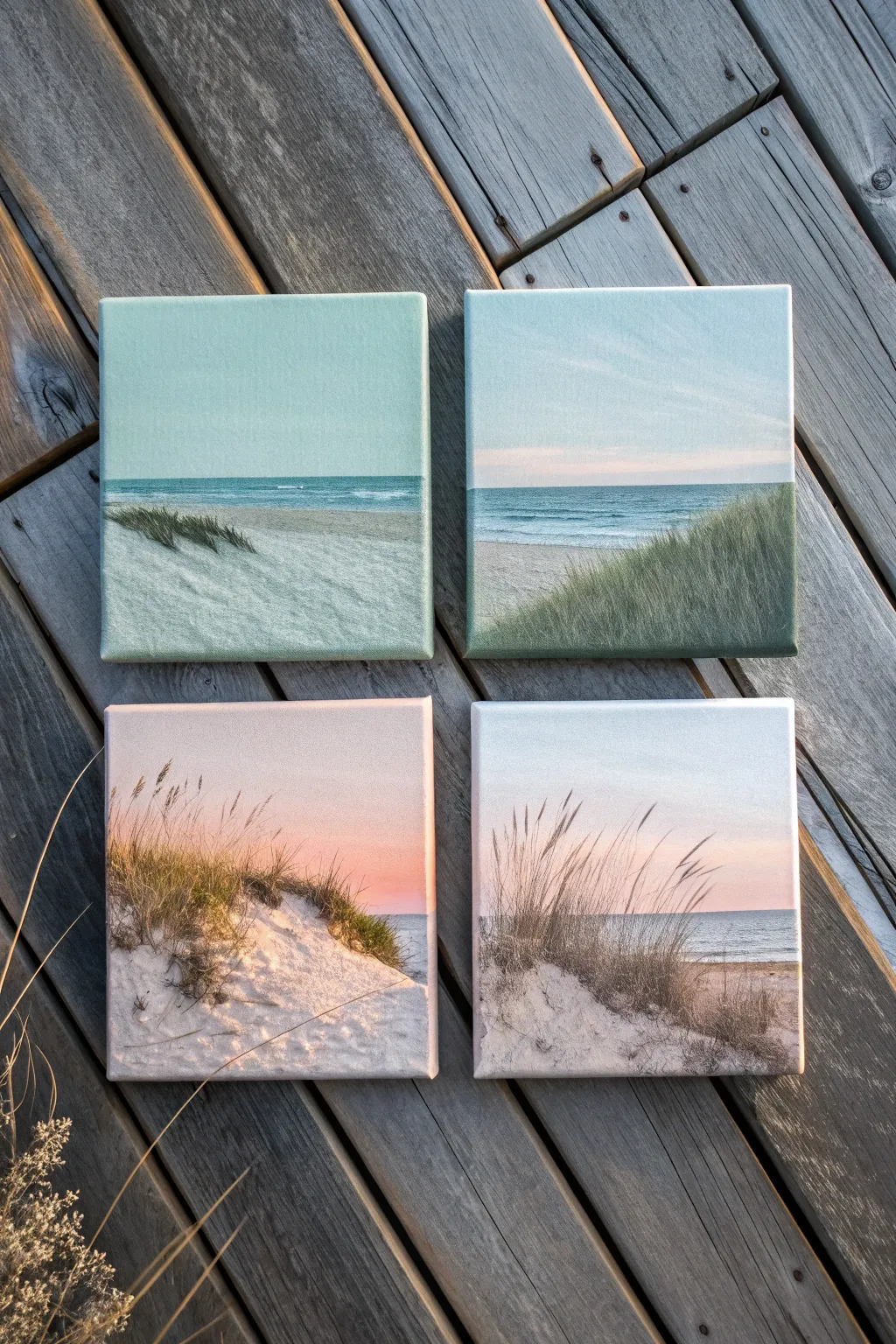 Season color study: four mini acrylic canvases, same treeline, spring to winter in one grid