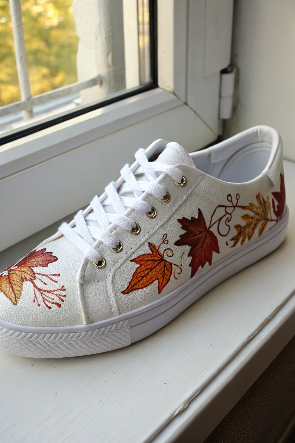 A crisp white sneaker with acrylic autumn leaves sweeping forward in warm boho tones.