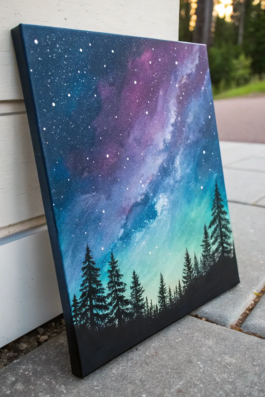 Paint a dreamy galaxy sky with soft nebula blends, star spatter, and a bold treeline silhouette.