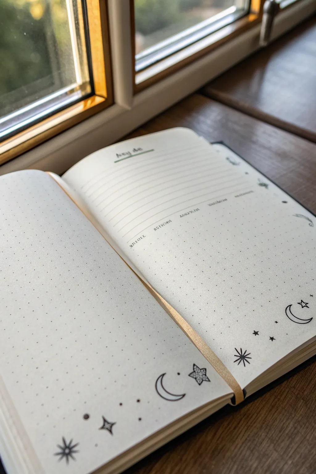 Minimal bullet journal border idea with moons and stars for a clean, cozy celestial vibe