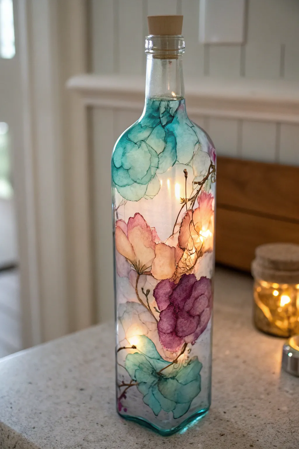 Alcohol ink light bottle glow: dreamy stained-glass blends in a simple Scandinavian setting