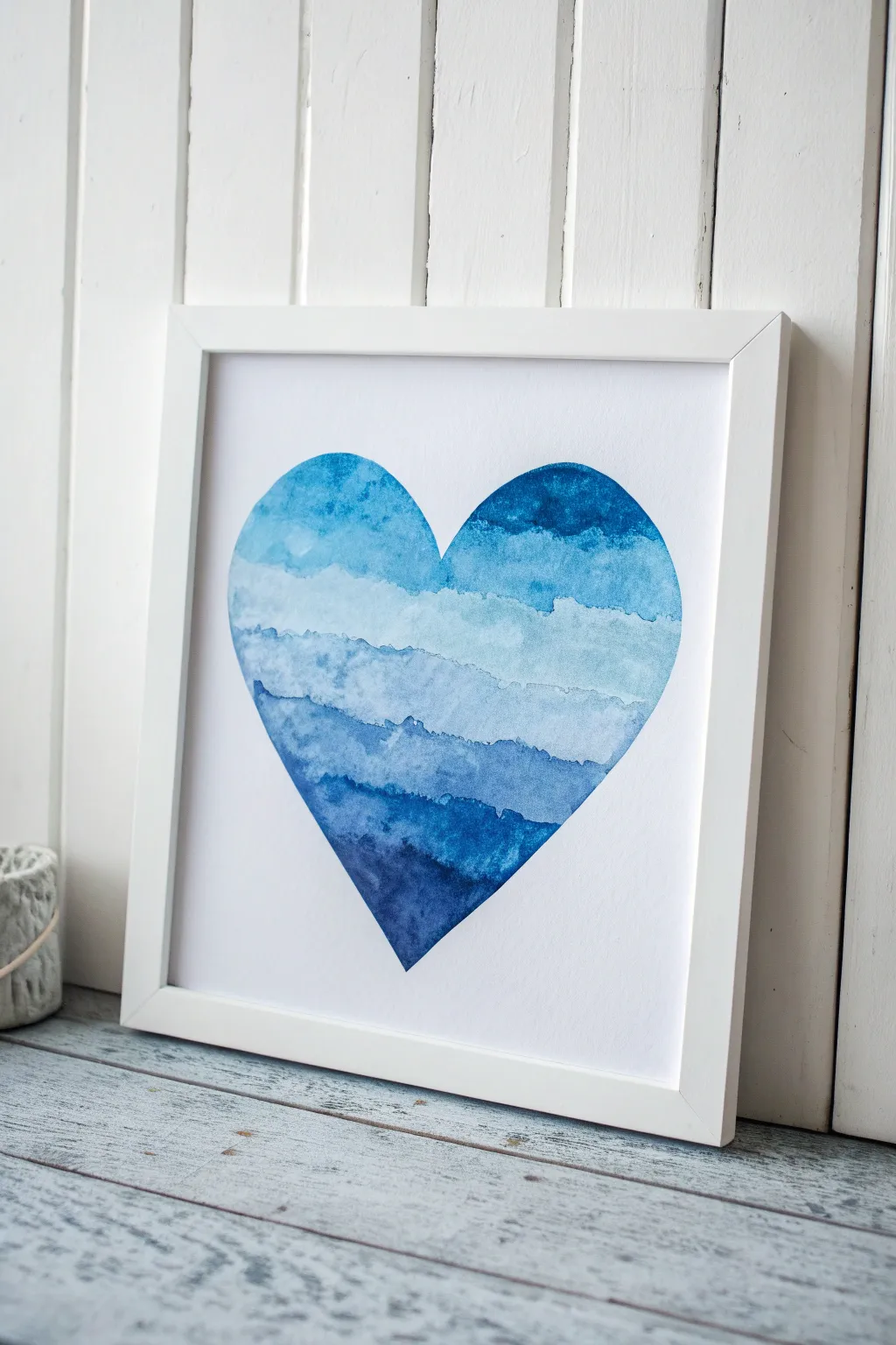 Monochrome blue heart on crisp white, minimalist and handmade with soothing layered blues.