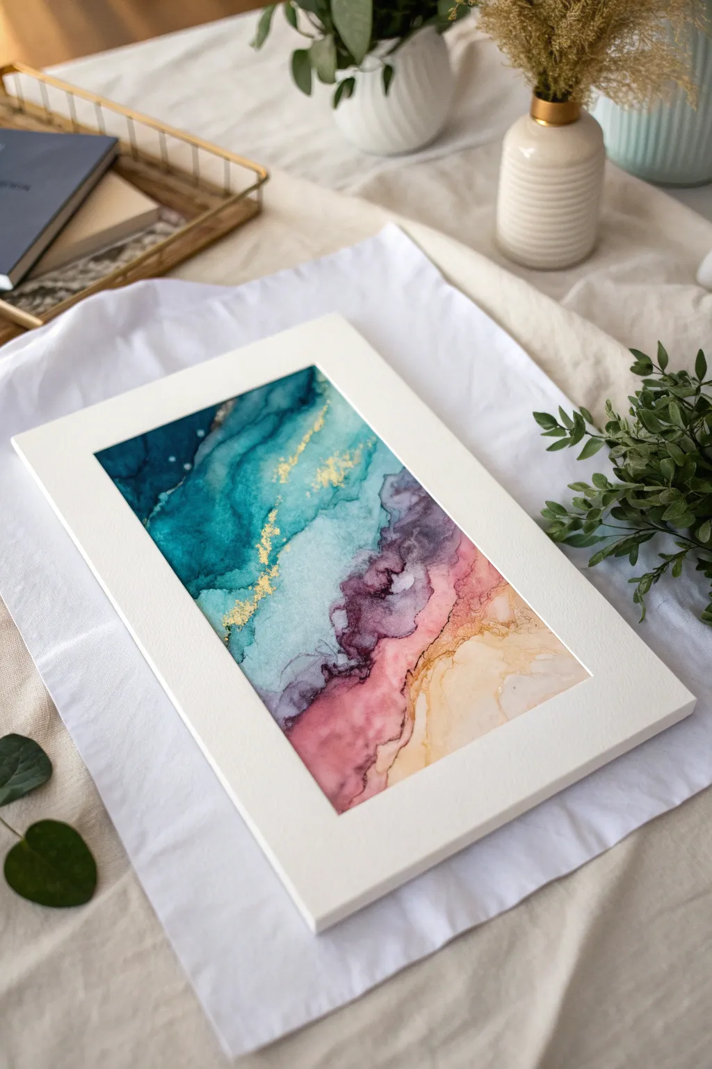 Bold masked dots and lines pop over dreamy alcohol ink for clean, modern pattern play.