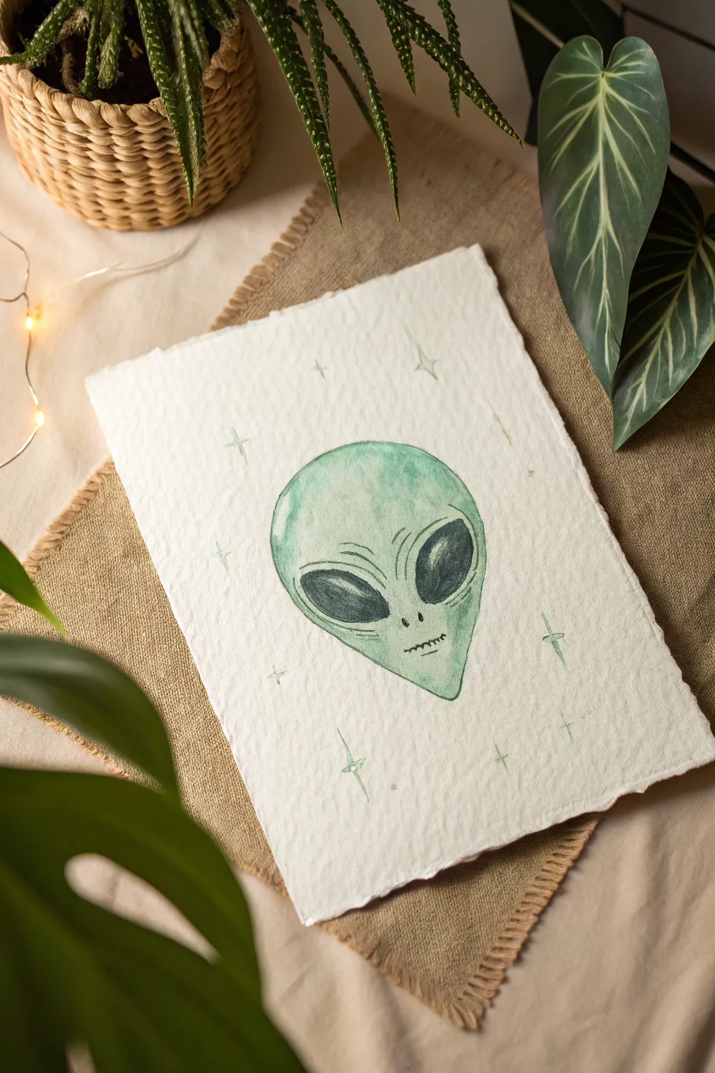 Minimal underwater alien with a soft green glow, seaweed drift, and a faint UFO above.