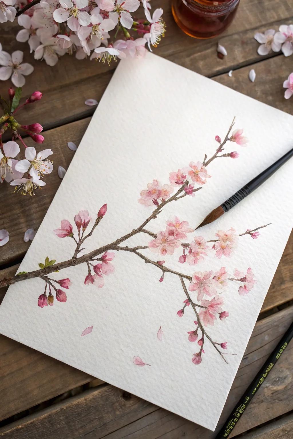 Easy cherry blossom branch using a dabbing technique for airy petals and beginner-friendly texture.