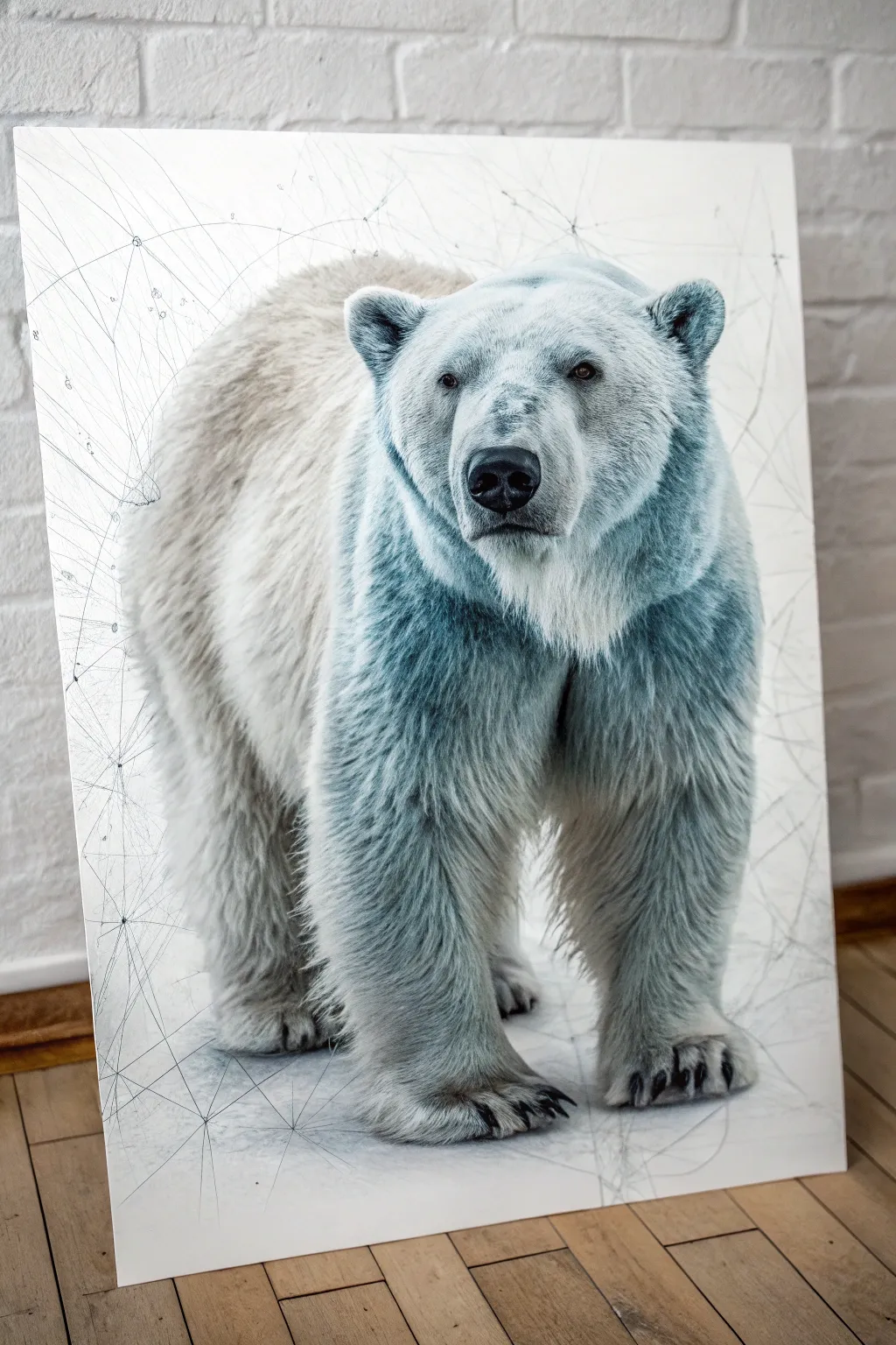 Cool-toned polar bear artwork with bold abstract line overlay, minimalist Scandinavian with boho charm.