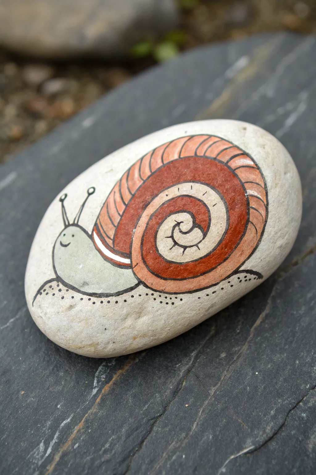 Minimal snail spiral painted rock on damp slate, a cozy garden-inspired design with clean lines