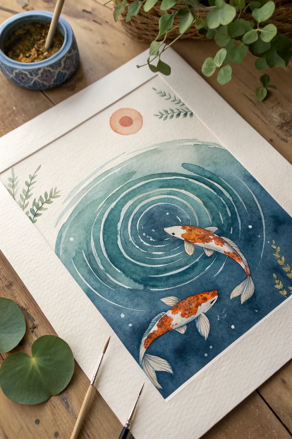 Two bright koi circling a deep blue pond, a calm circular composition for animal painting ideas