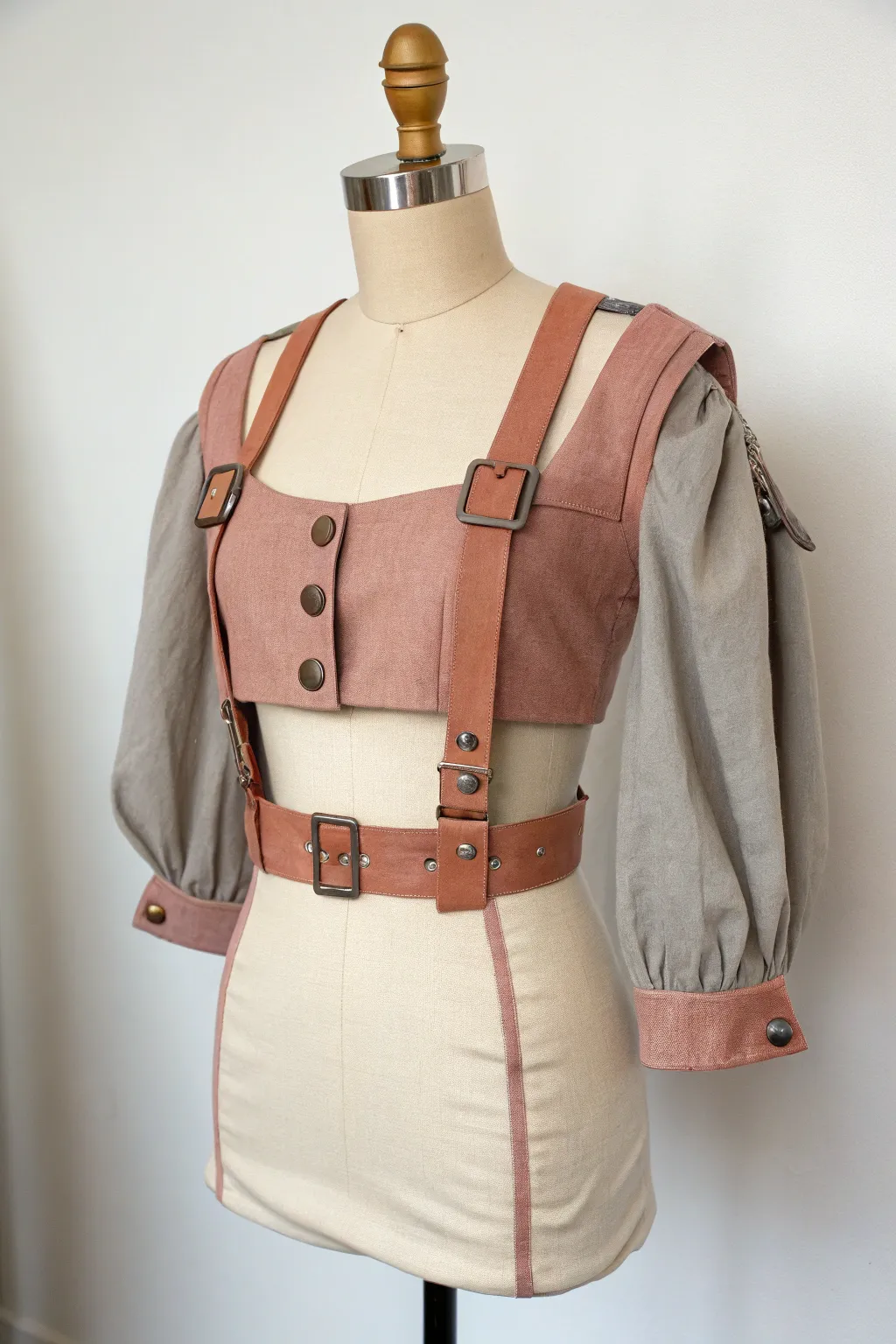 Anime-inspired detachable sleeves with snaps and tabs, styled minimal-boho on a clean dress form