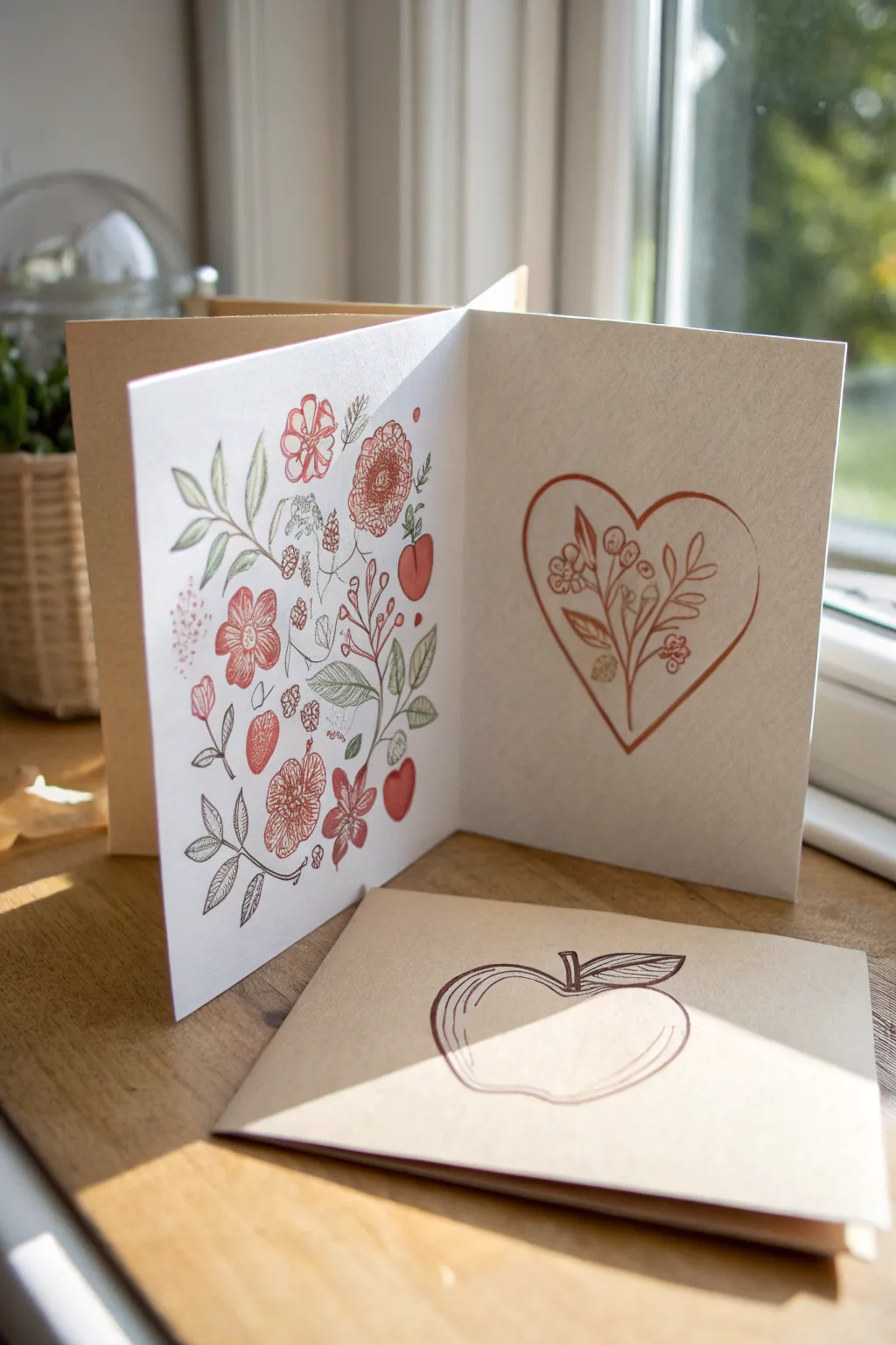 Fold-out surprise card drawing: simple front motif opens to a bigger hidden thank-you artwork