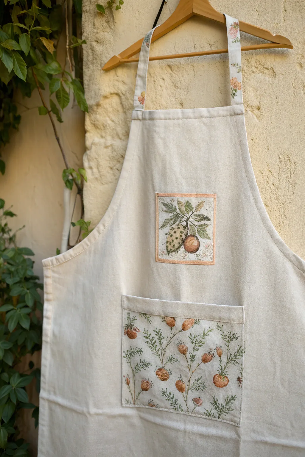 Minimal linen apron with a pocket-only mini mural, crisp edges and visible brushstrokes.