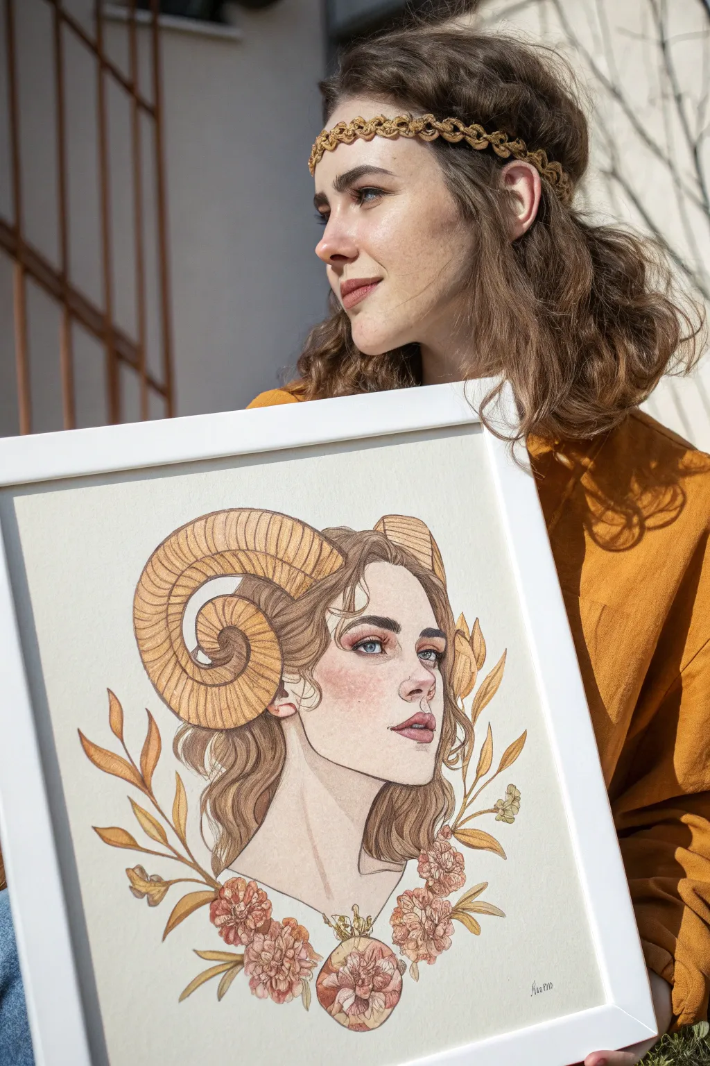 Minimal Aries Ram Girl portrait: soft human features, realistic horns, clean boho contrast.