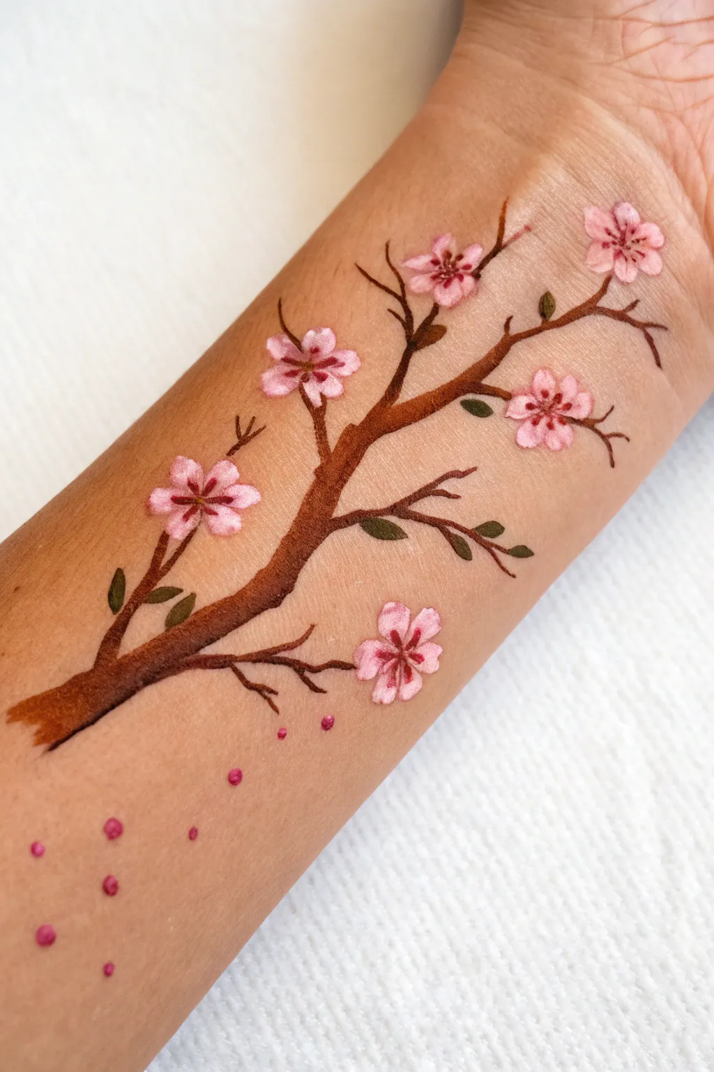 Easy cherry blossom branch sweep arm paint with soft pink blooms for a minimalist boho look