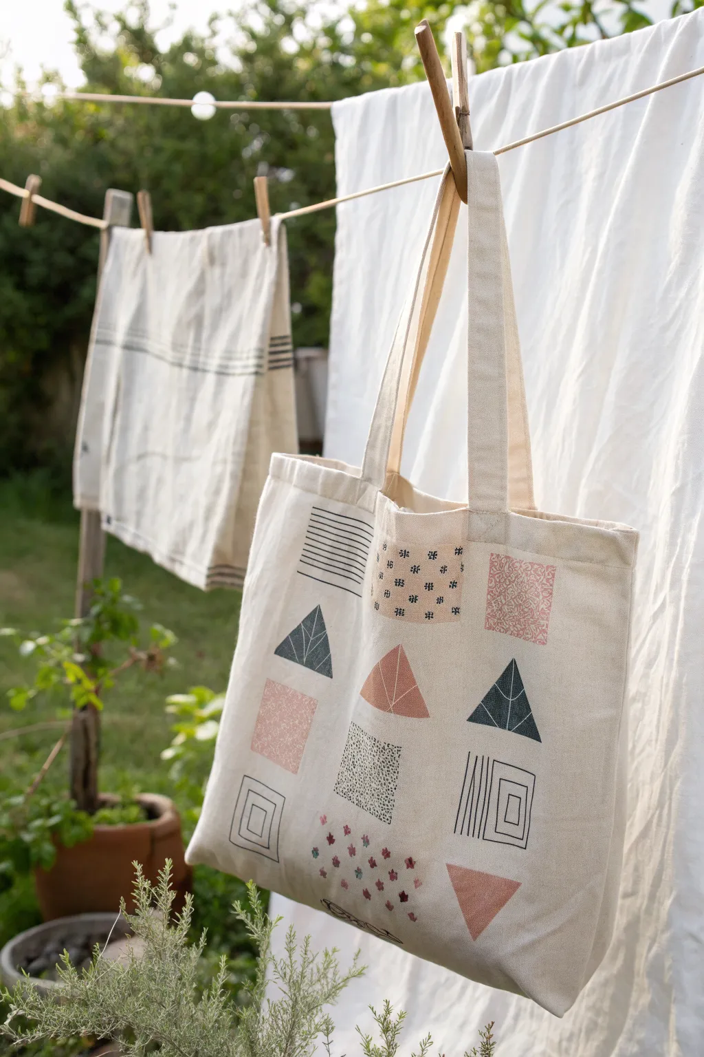Fabric Art Day: a simple printed tote with fabric marker lines, hanging like a mini gallery