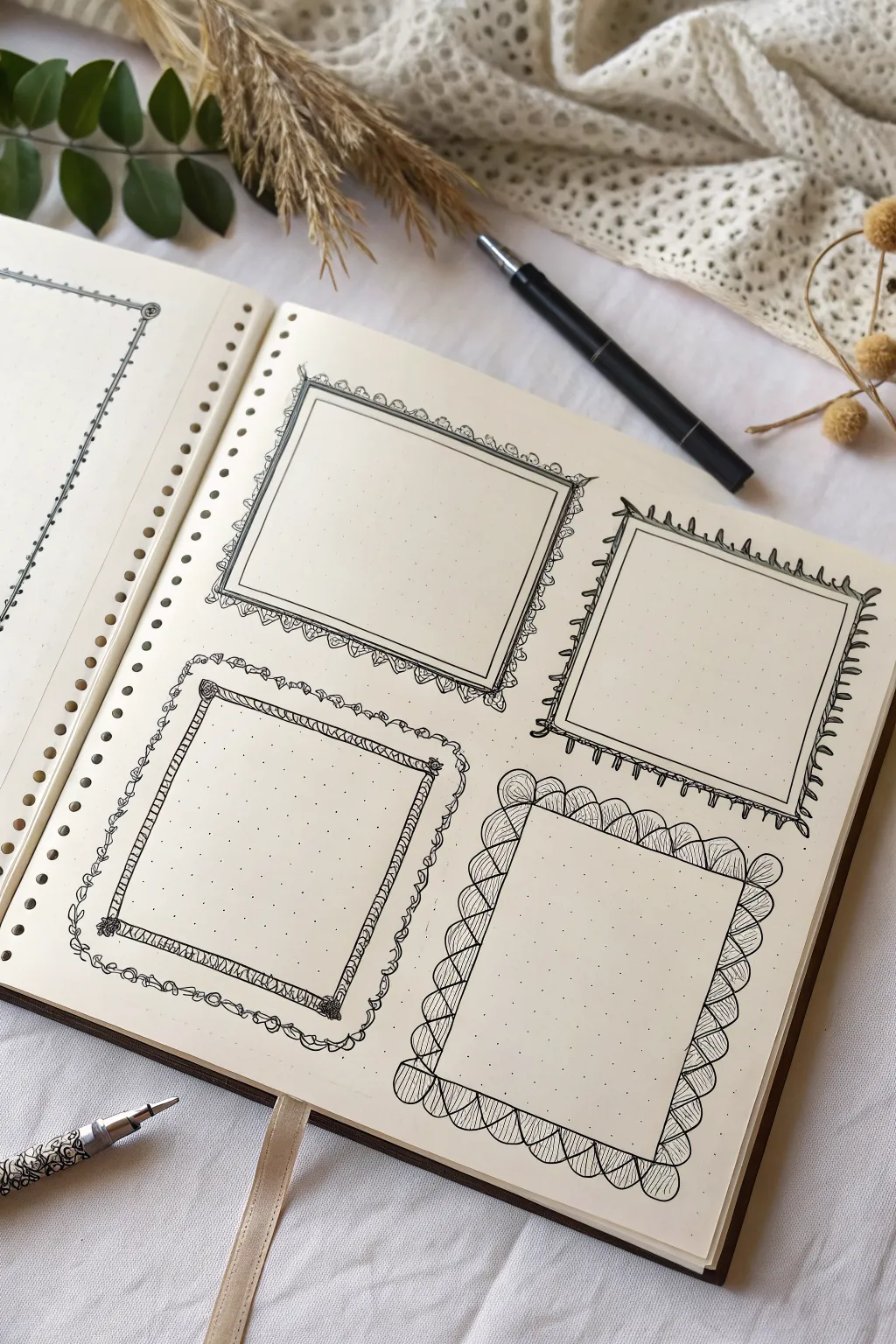 Minimal sketchbook frames with handmade border bands, leaving calm blank centers for your art