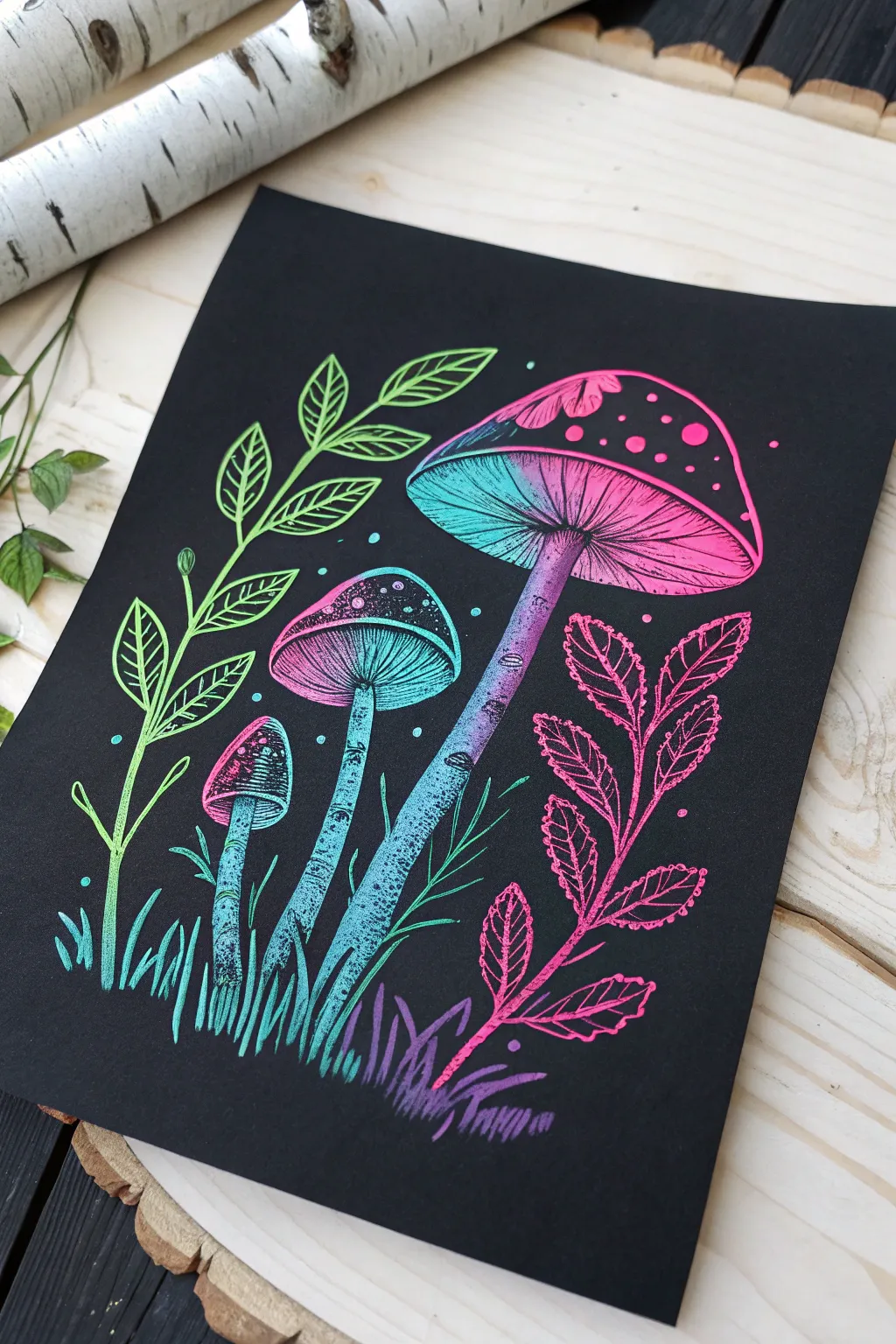 Neon mushrooms and leaves glow on black paper with crisp edges and luminous highlights