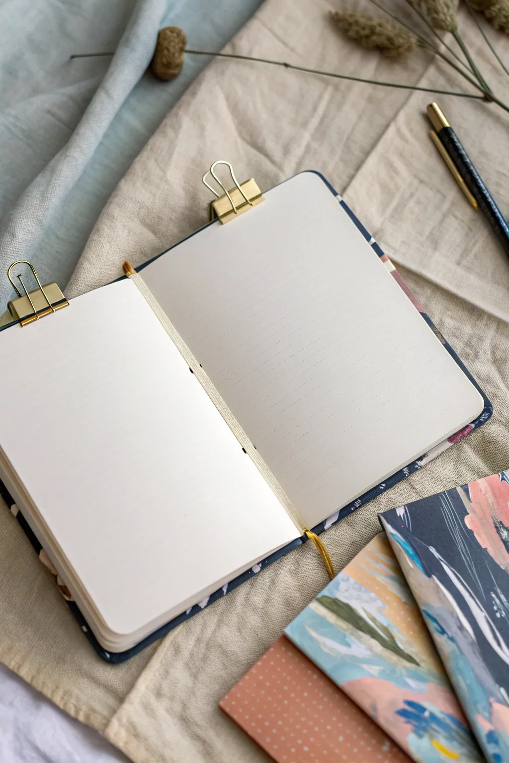 Layer acrylic, add ink, then collage for a rich art journal background with calm Nordic vibes