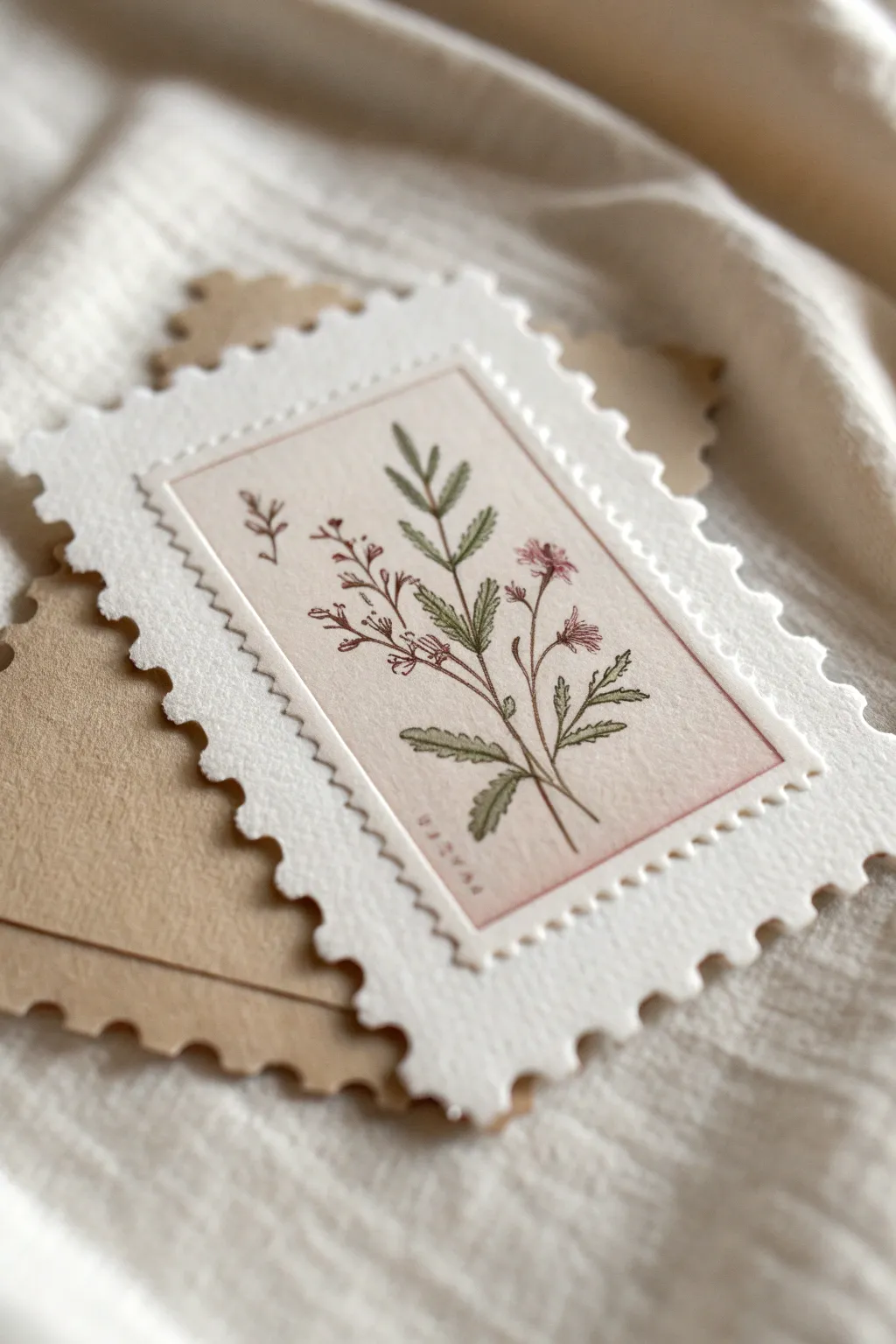 Mini postage stamp ATC with perforated edge and tiny watercolor botanical on a clean neutral background