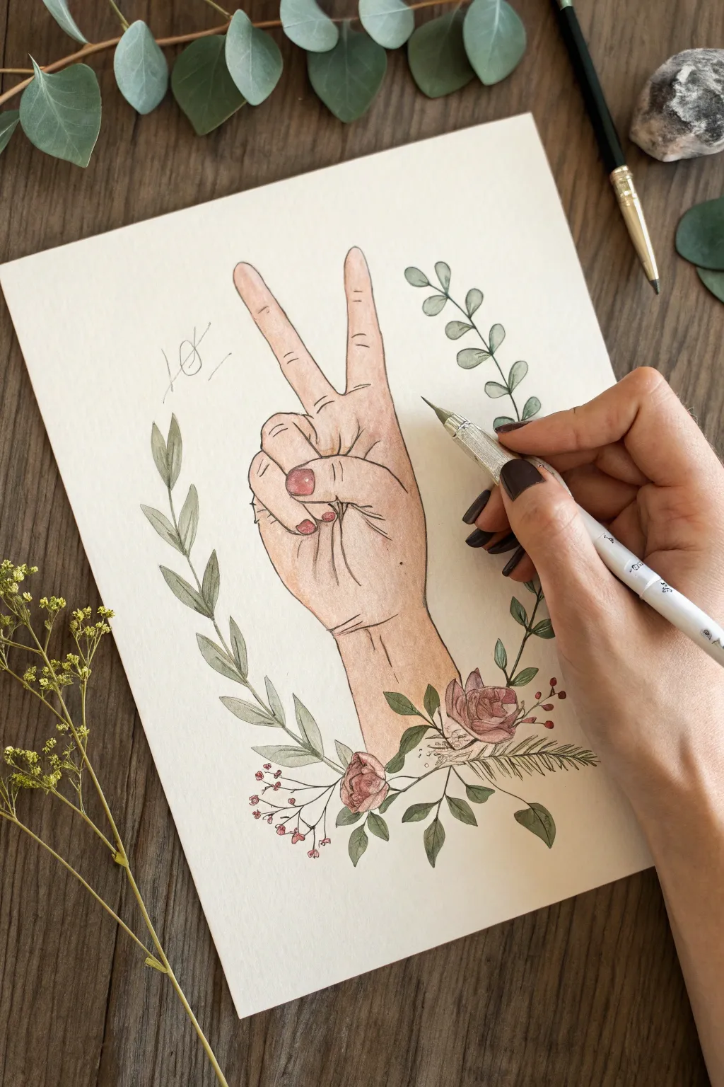 ASL hand sign blooming into soft florals, a minimalist drawing idea with calm boho warmth