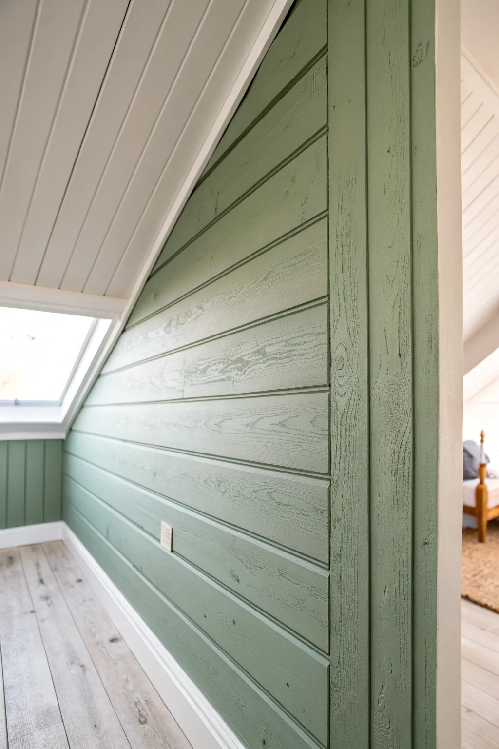 Muted sage shiplap on an attic knee wall, with raking light that reveals calm, cozy texture