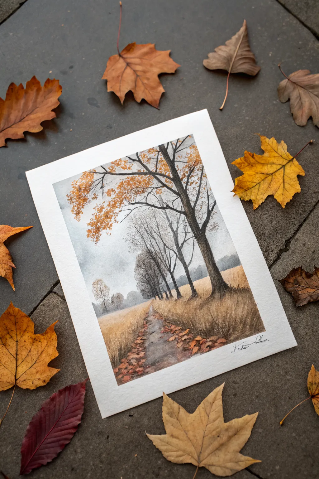 Windy autumn landscape idea with calm trees and swirling leaves for lively motion and contrast