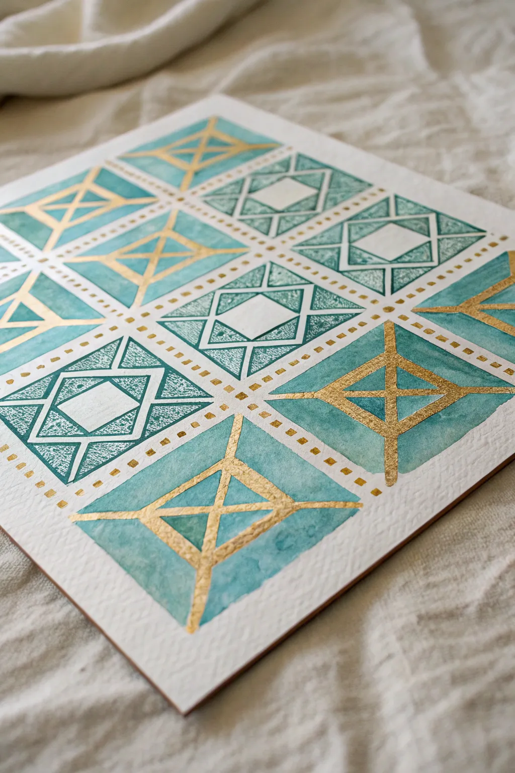 Turquoise and gold Aztec mosaic effect, minimalist and boho-inspired, perfect for painting ideas