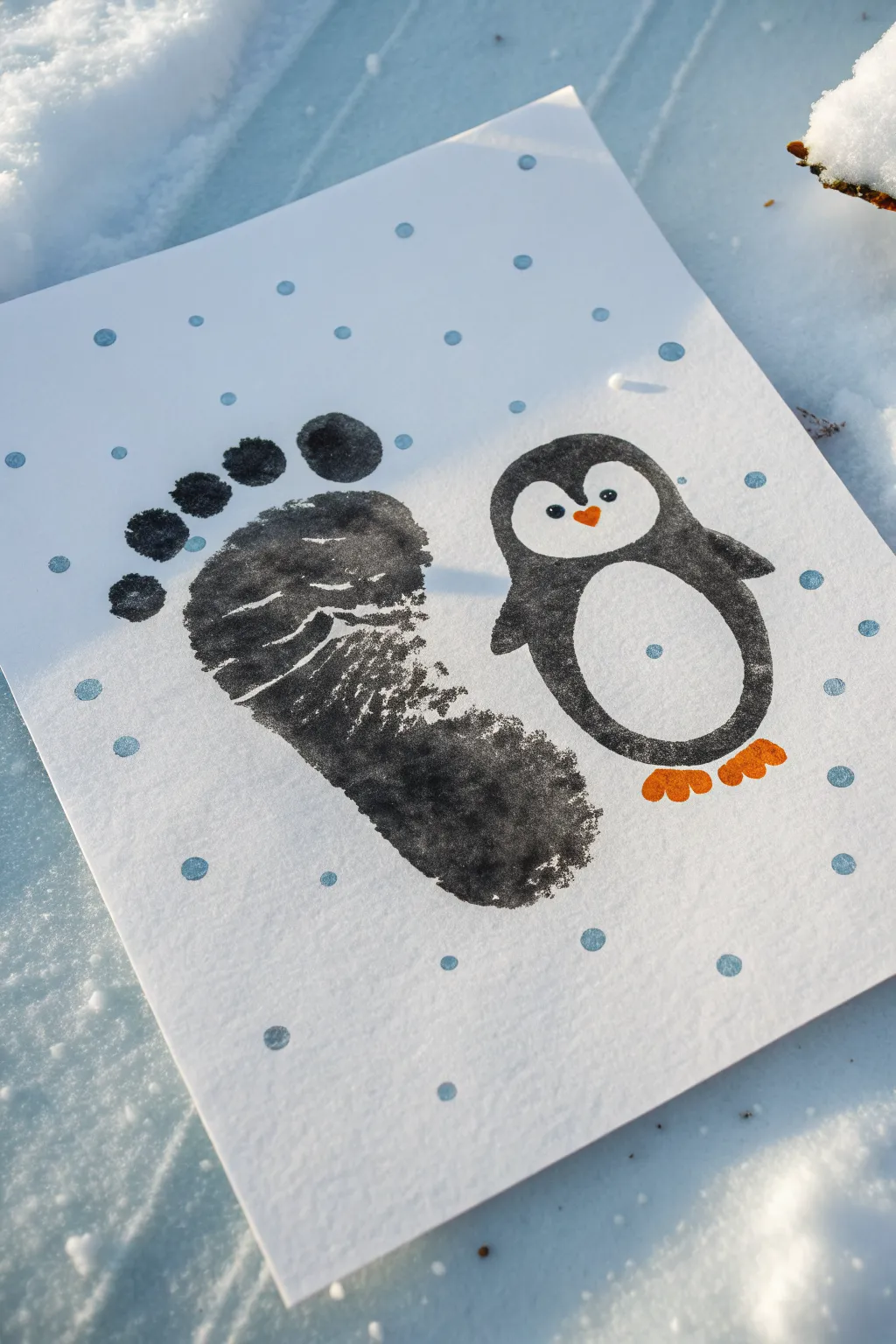 Turn a tiny footprint into a cozy Christmas penguin with snowflakes and simple details