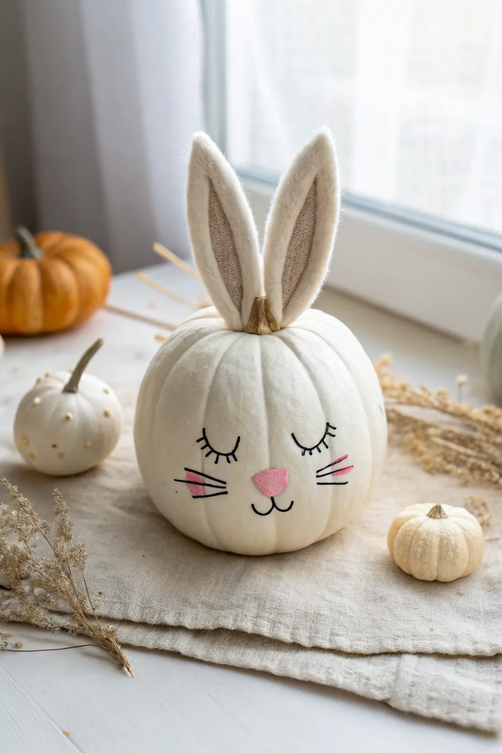 Sweet bunny baby pumpkin with soft felt ears, minimalist nursery vibe and cozy boho charm