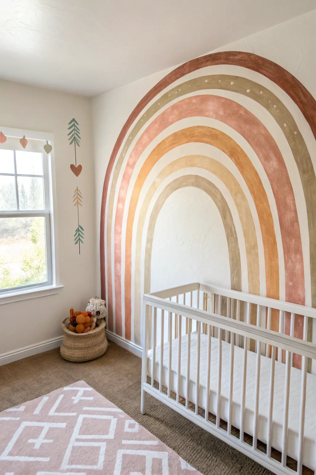 Earthy pastel rainbow arcs bring calm Scandinavian charm to a modern baby room wall.
