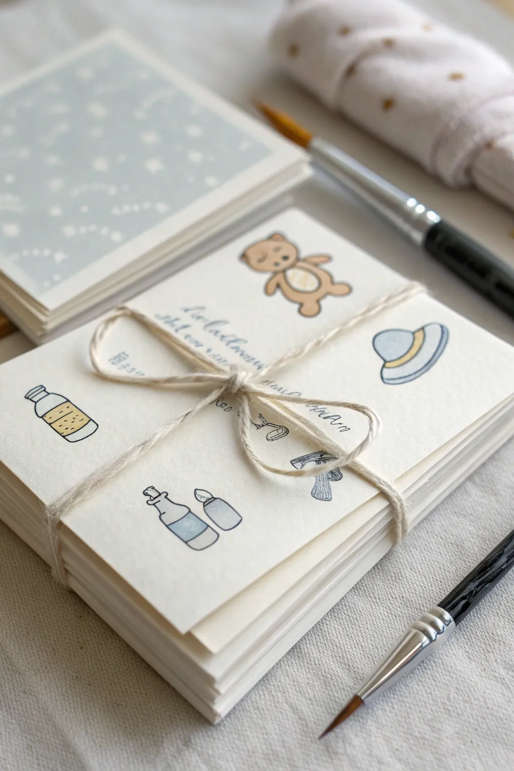 Watercolor baby icon template cards tied with linen ribbon, a simple DIY baby shower favor