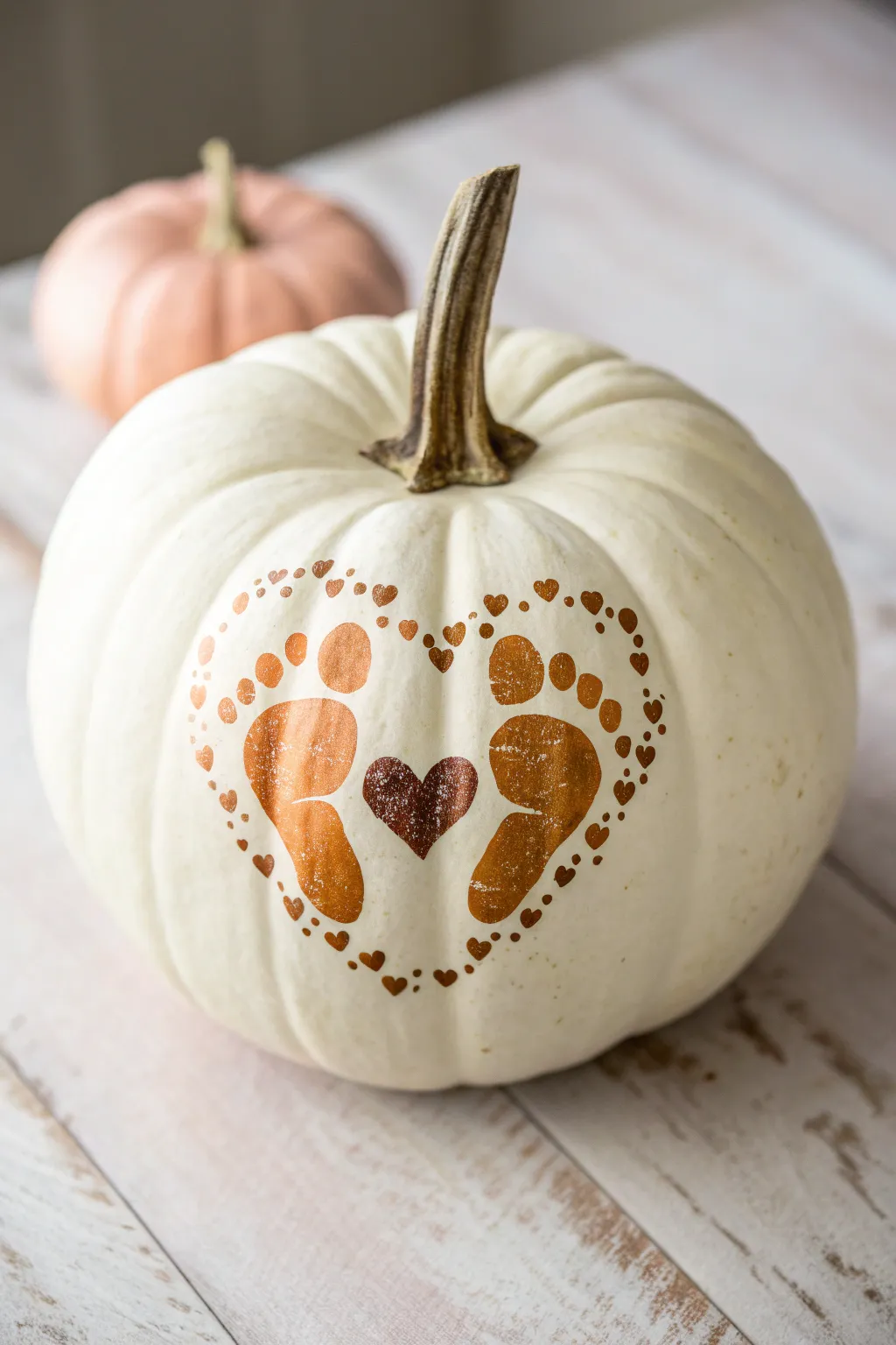 Layered baby footprints form a sweet heart on a minimalist keepsake pumpkin, softly lit.