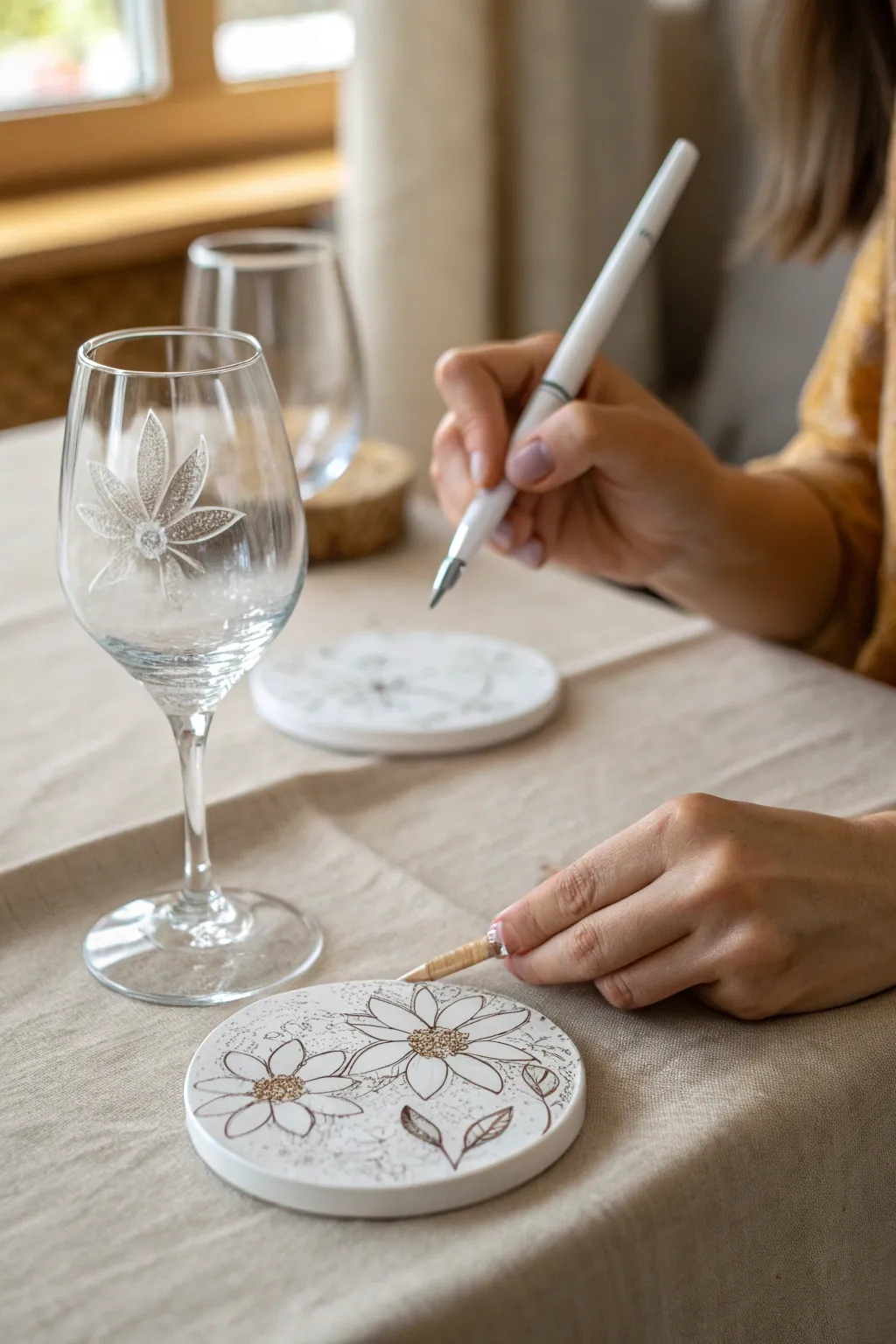 Personalized glass and coaster painting for a chic bachelorette paint and sip party favor moment