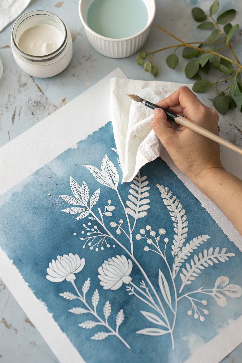 Lift wet paint through stencils for a soft, subtractive floral background design.