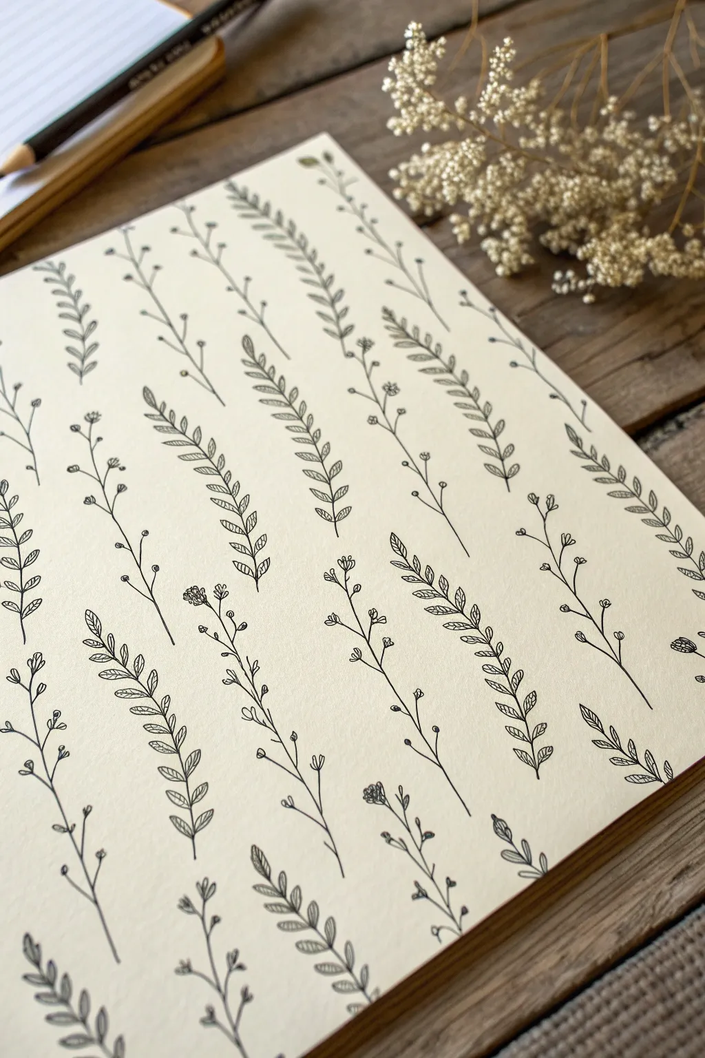 Mini sprigs and tiny leaves in simple ink, shown airy and packed for background pattern ideas