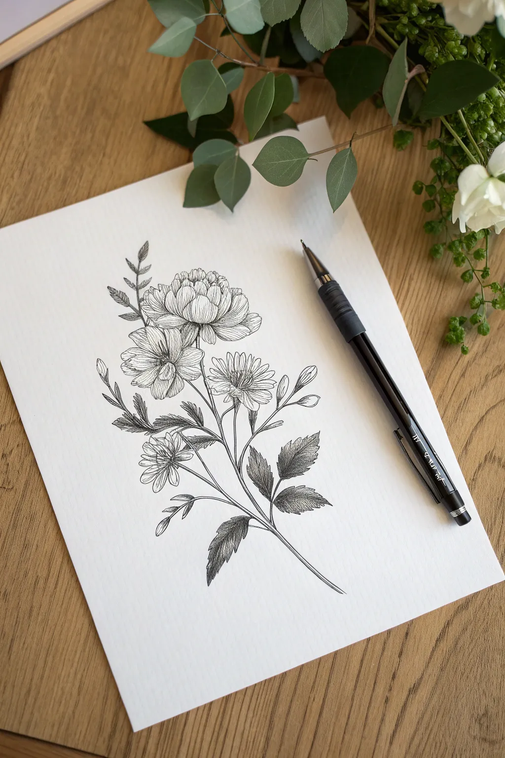 Ballpoint botanical bouquet in monochrome ink, fine line petals and deep foliage shadows.