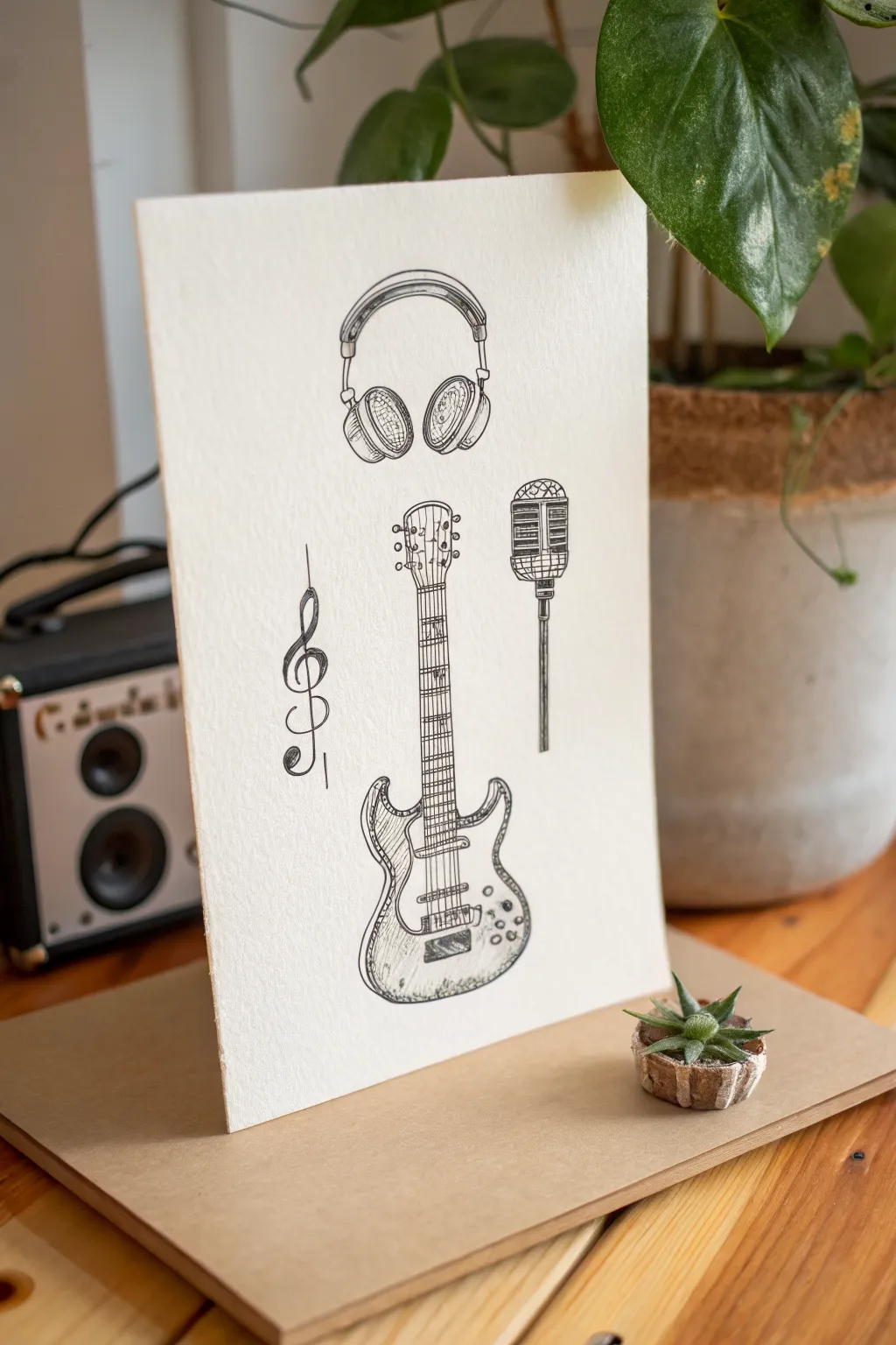 Totem-style band gear stack to draw: clean lines, soft shadows, minimalist boho vibe.