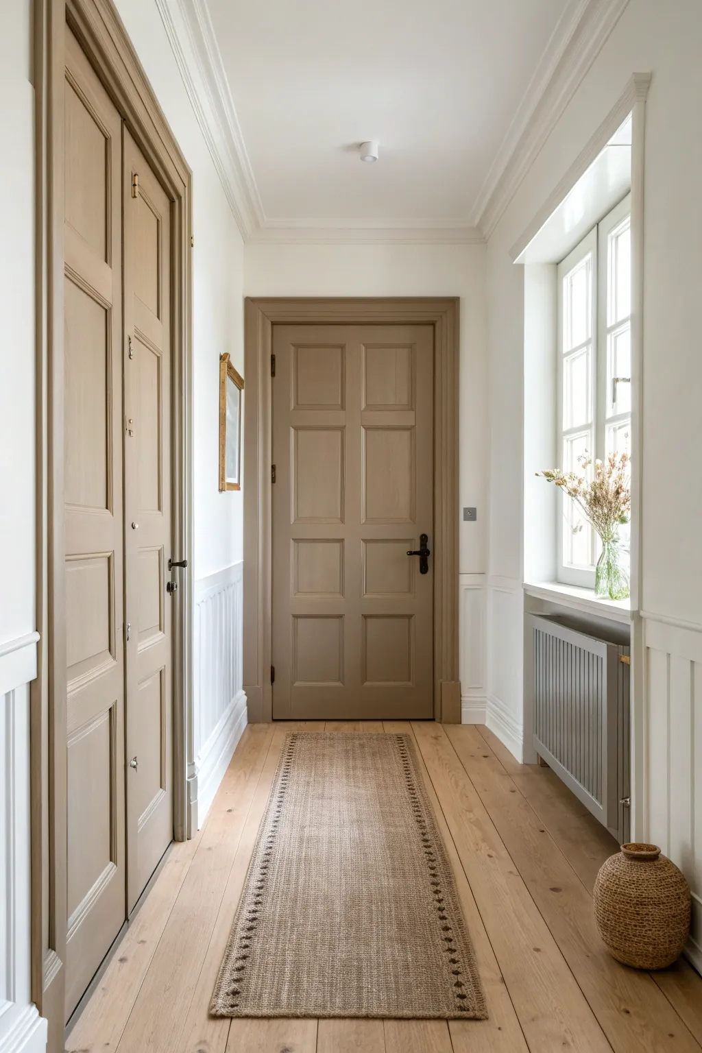 Match baseboards to door casings for a seamless, cohesive millwork statement in your hallway.