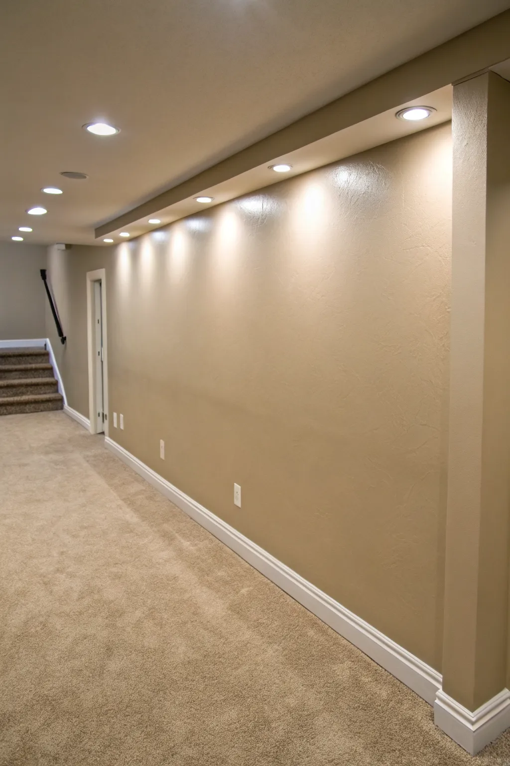 Eggshell basement walls with a soft, even glow under recessed lights and zero harsh glare
