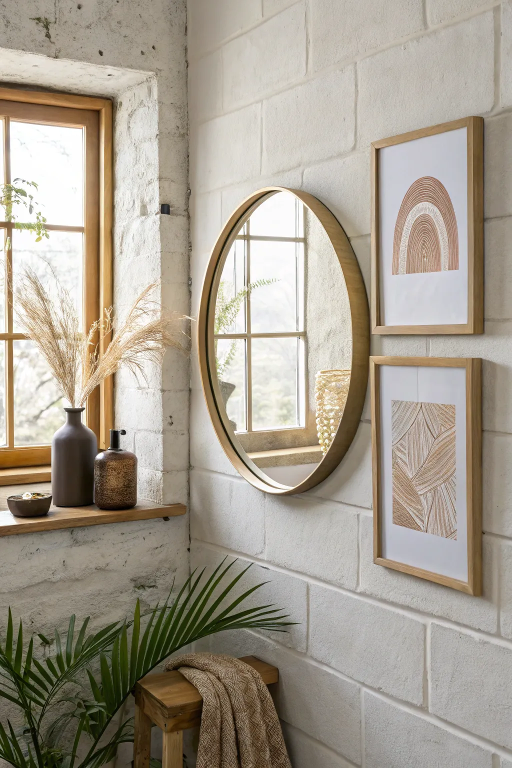 Hang two matching prints beside the mirror so the reflection instantly doubles their impact.