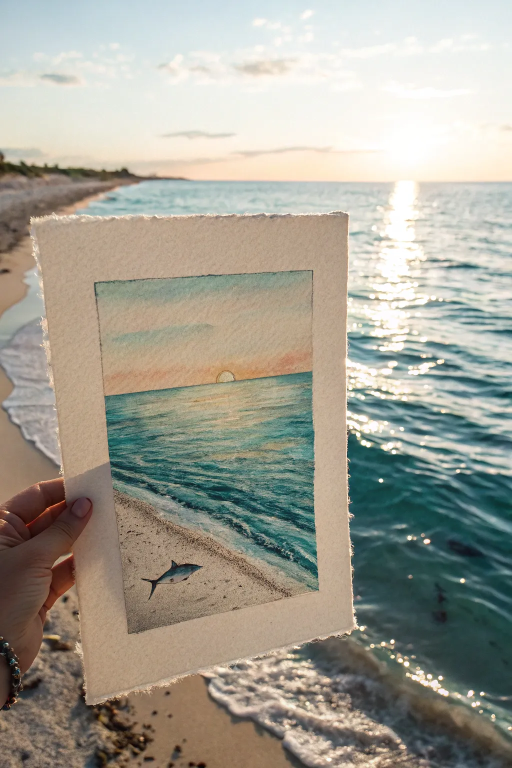 Split level ocean sketch: calm beach above, glowing light rays and a single fish below