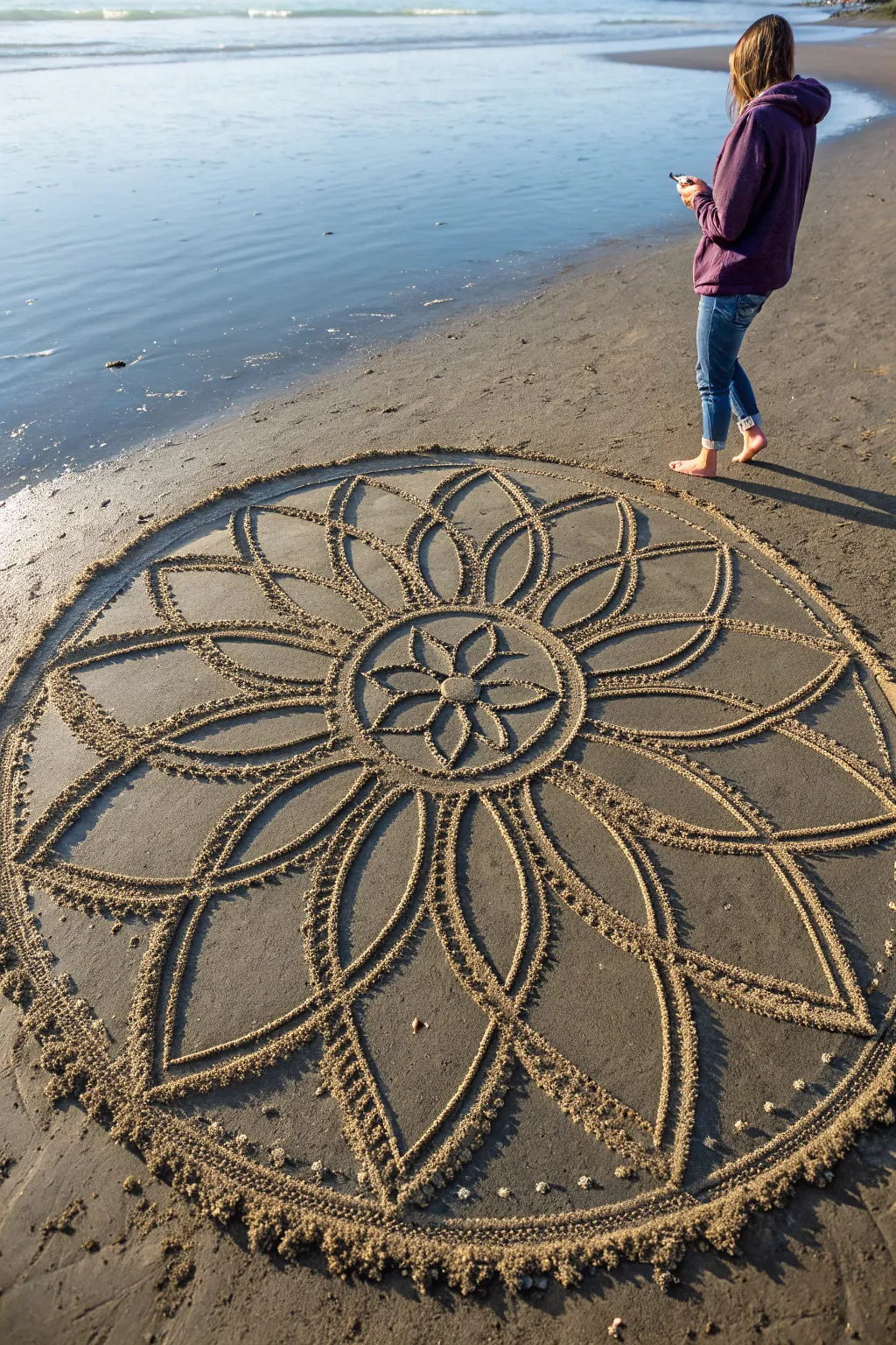 Giant low-tide sand mandala with crisp center and expansive rings, perfect for beach drawing