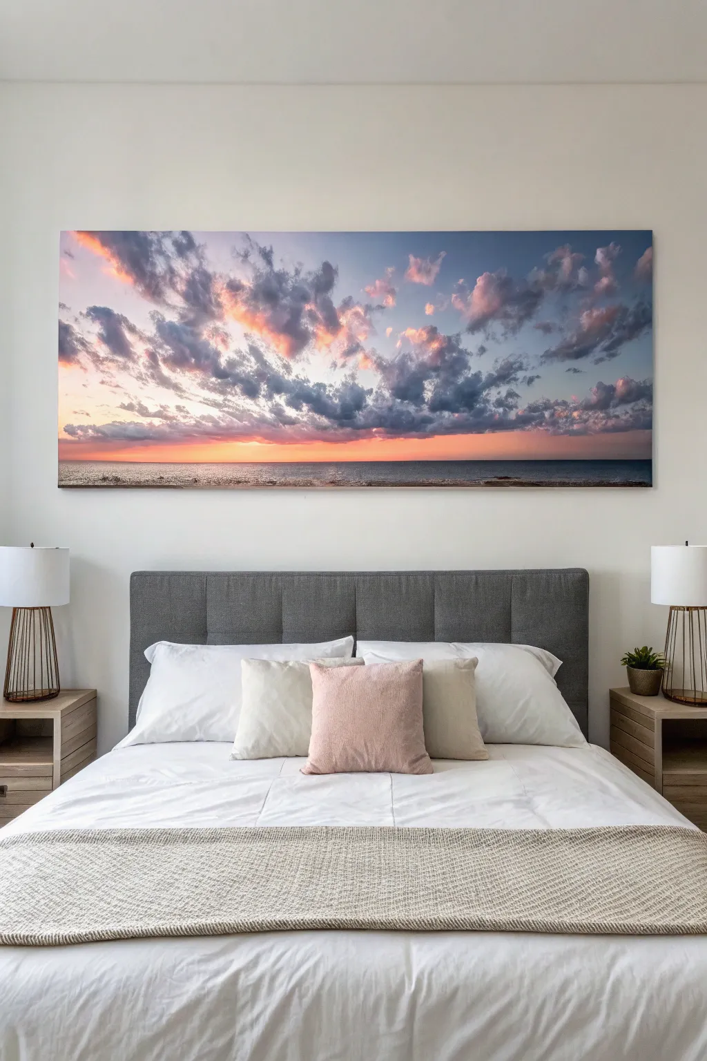Soft cloudscape ombre canvas above the bed, turning dusk into night for a dreamy retreat