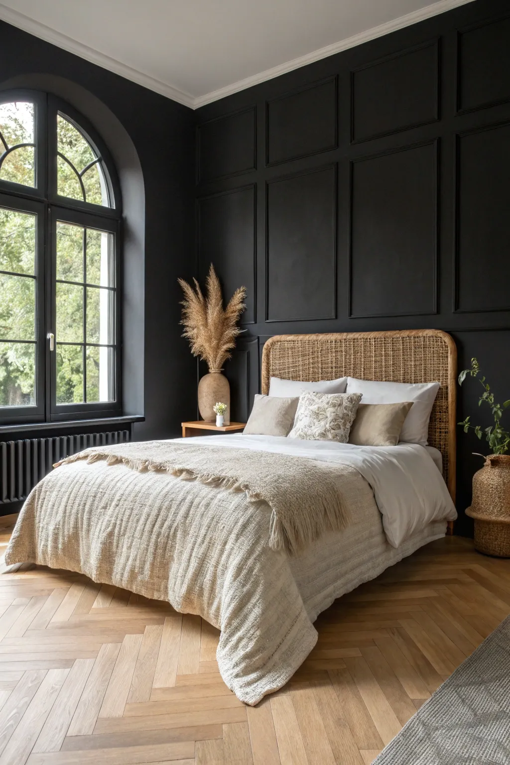 Matte black walls meet warm wood textures for a sophisticated, cozy minimalist sanctuary.