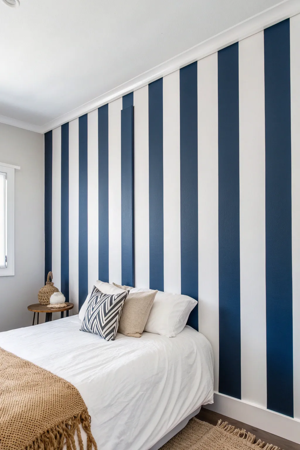 Playful navy cabana stripes with crisp white bedding for a fresh, calm guest bedroom statement.