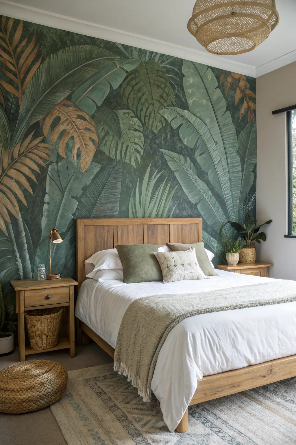 Tropical leaf mural behind a simple headboard turns the bedroom into a calm retreat