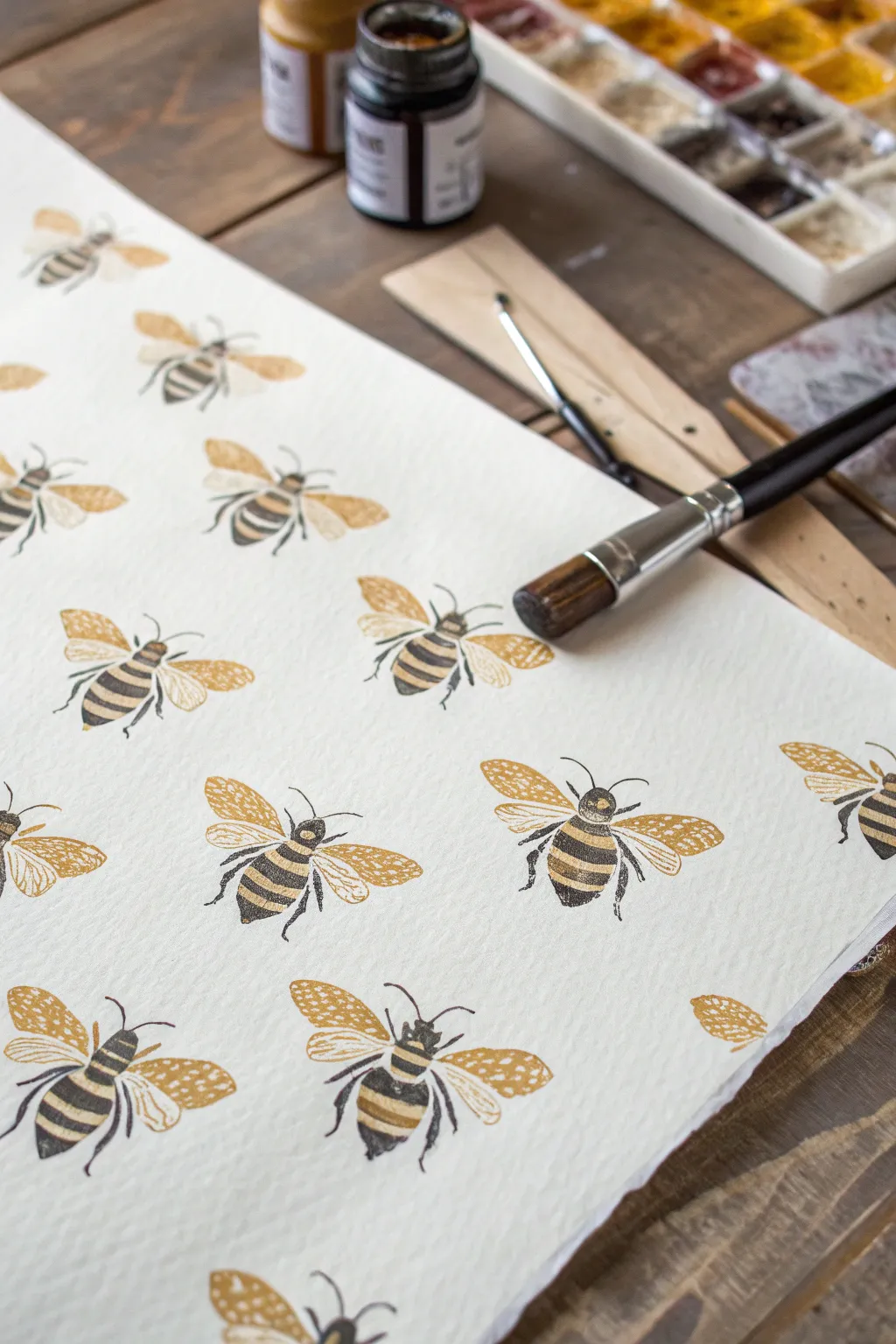 Playful stamped bees with tactile paint texture, simple shapes and cozy minimalist palette.