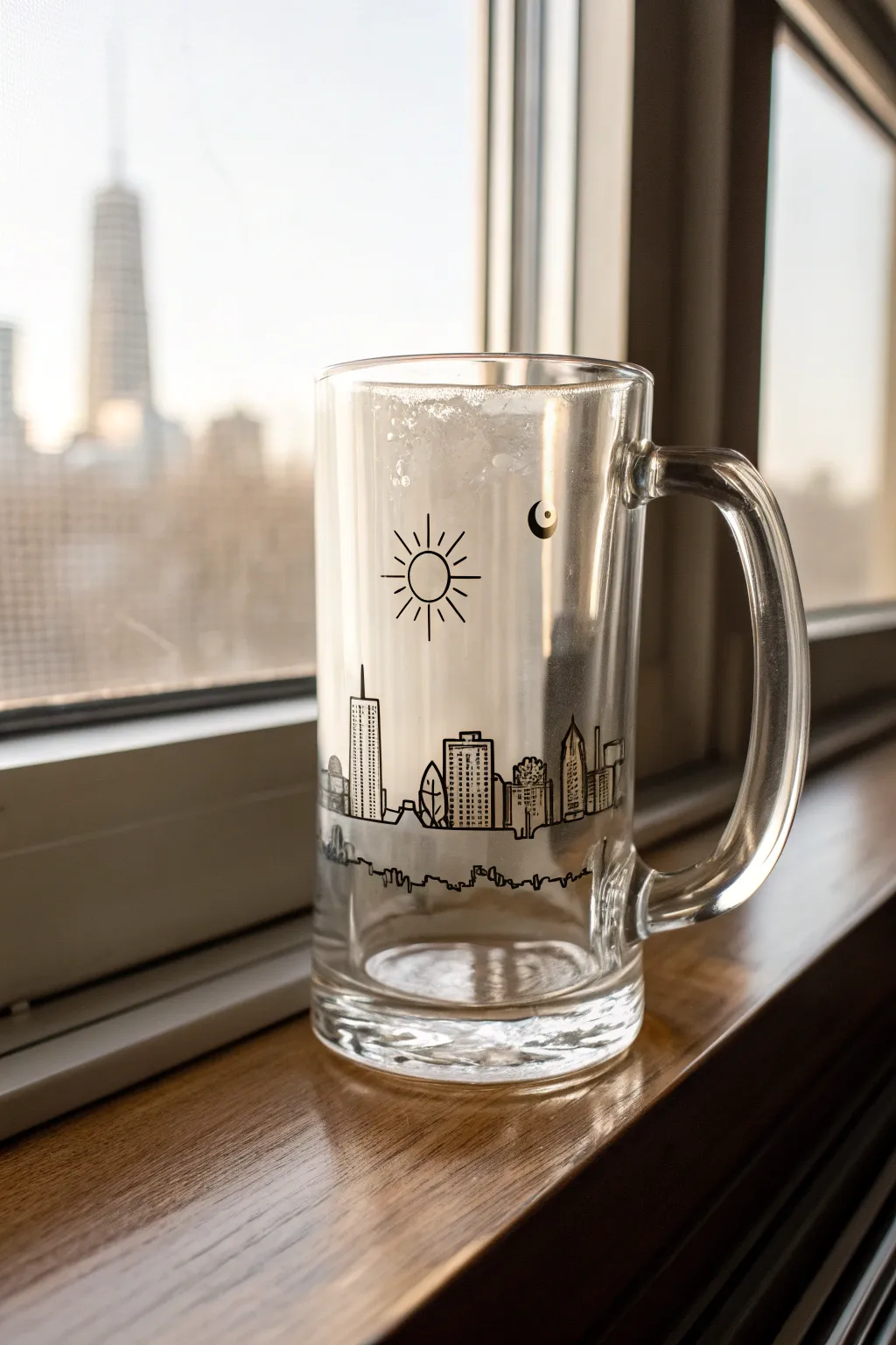 Minimal beer mug with skyline line art, crisp backlight and cozy Scandinavian boho vibe